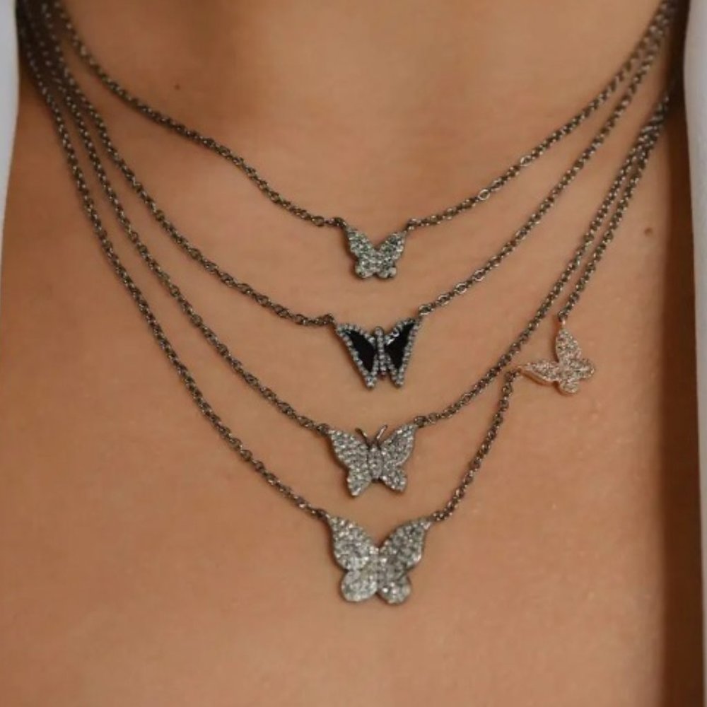 Mini Diamond Butterfly Necklace - Rhodium Plated Sterling Silver